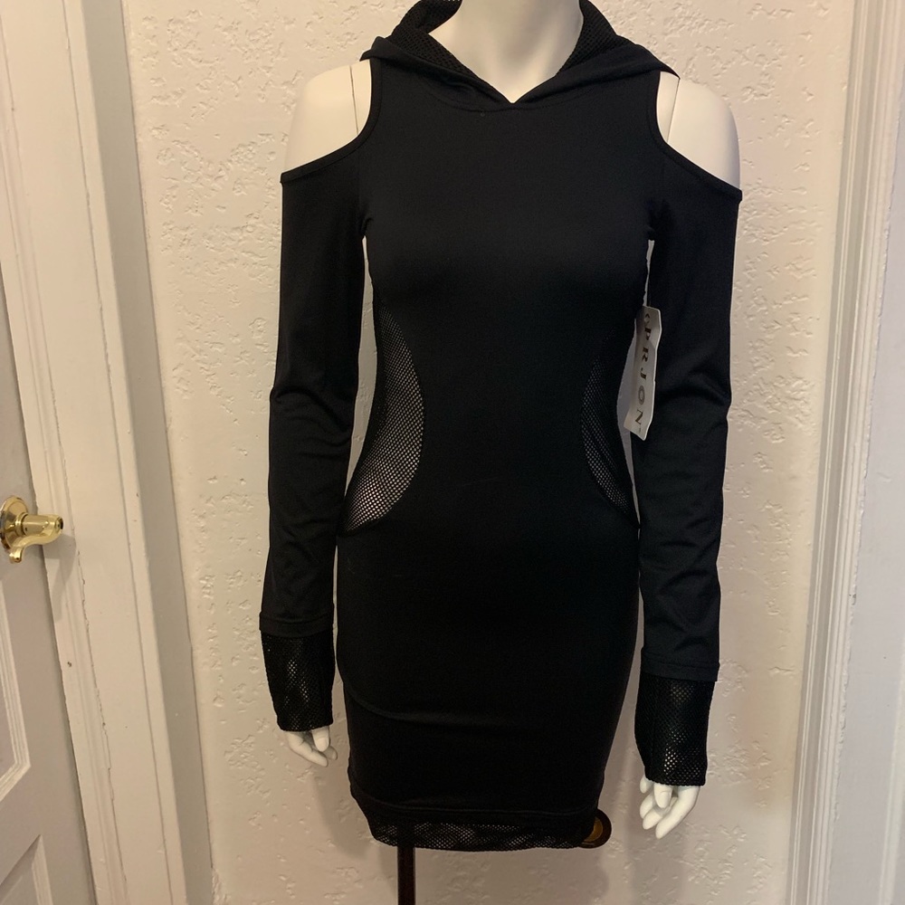 Prjon Cold Shoulder Cat Ear Hoodie Dress BLACK - Picture 3 of 5
